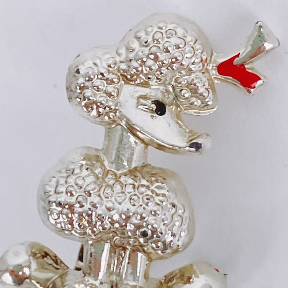 Vintage 1950s Poodle Novelty Brooch Silver Tone Enamel Mid Century Pin - Picture 3 of 10